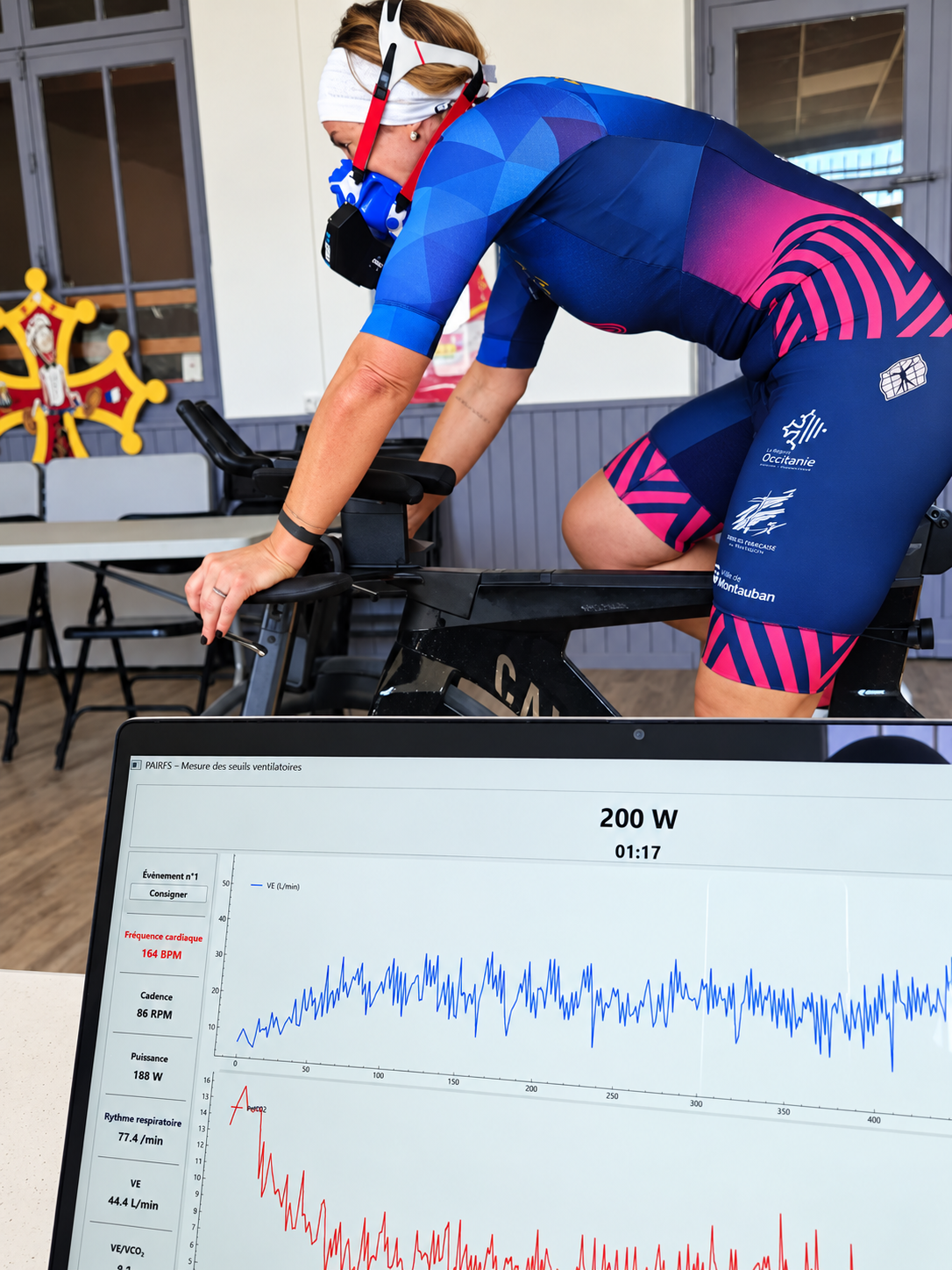 Cycliste équipé d’un masque de mesure ventilatoire pendant un effort sur home-trainer